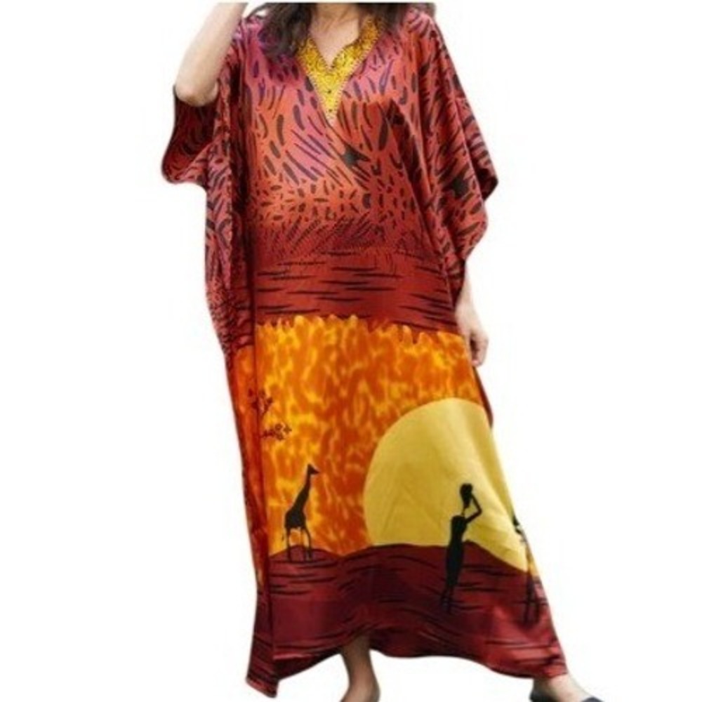 Winlar Satin Nala Long Caftan OS‎ Red Safari Resort Summer Beach Vacation Boho